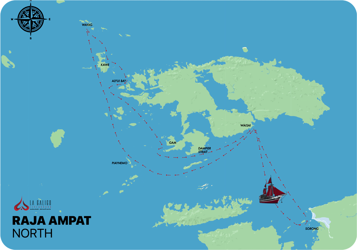 Map Ultimate Raja Ampat Diving Trip 8 Days - 7 Nights Itinerary - La Galigo Liveaboard