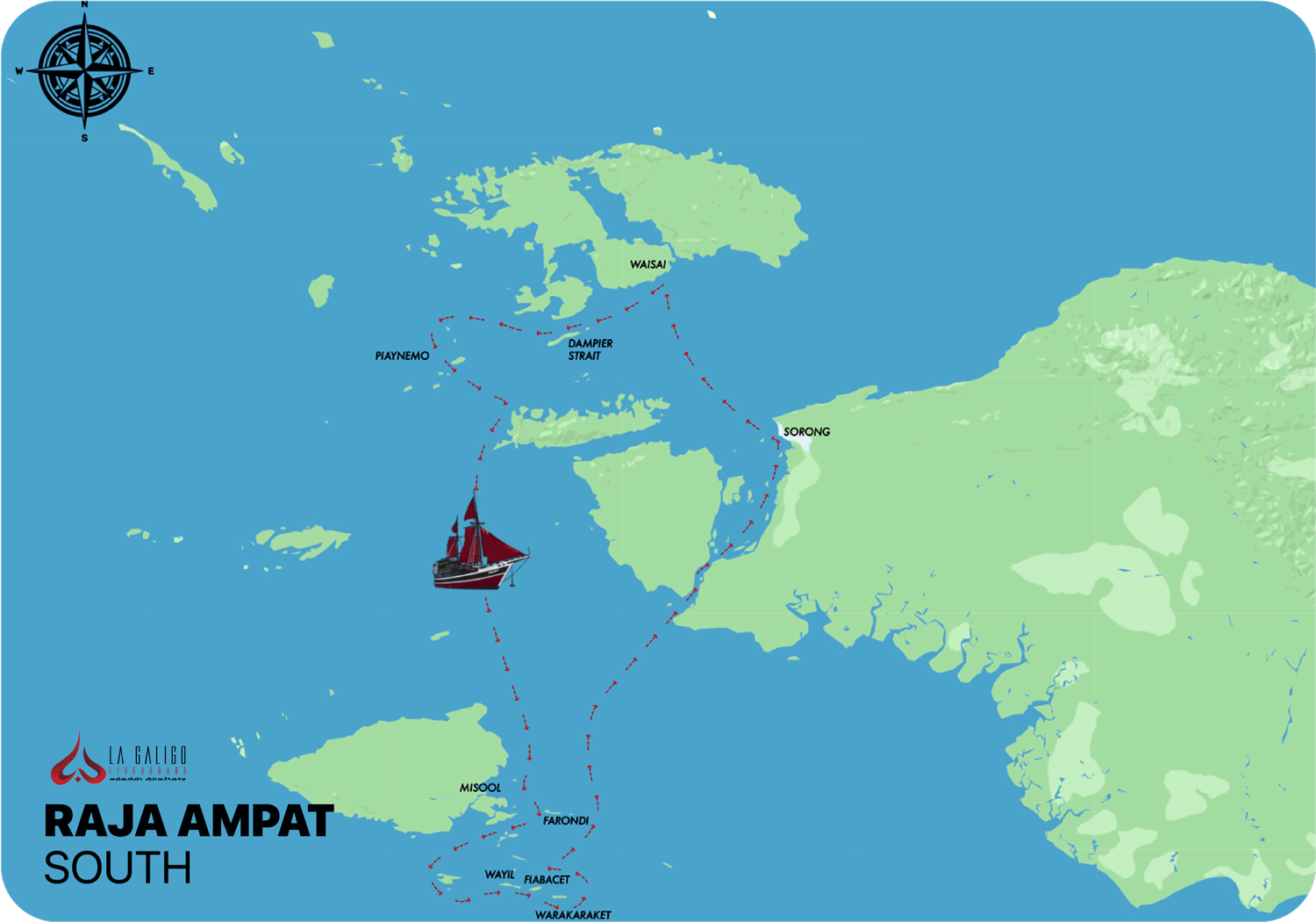 Map Raja Ampat South Diving Trip 9 Days - 8 Nights Itinerary - La Galigo Liveaboard