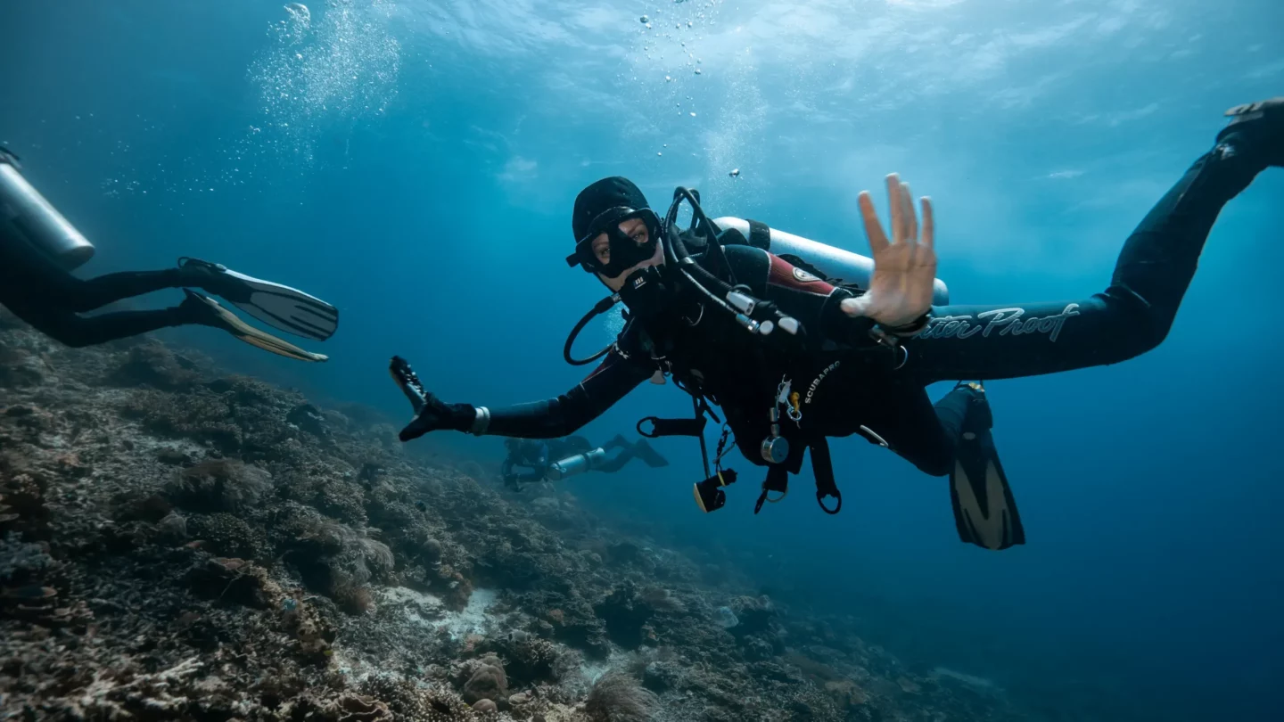 Scuba diver posing underwater, in one of komodo's dive sites