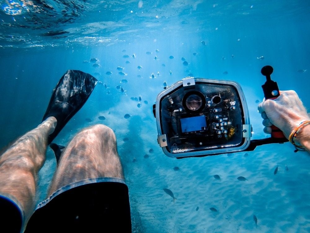Scuba diver photographing vibrant coral reef and marine life underwater, carefully documenting the beauty of a healthy tropical ecosystem