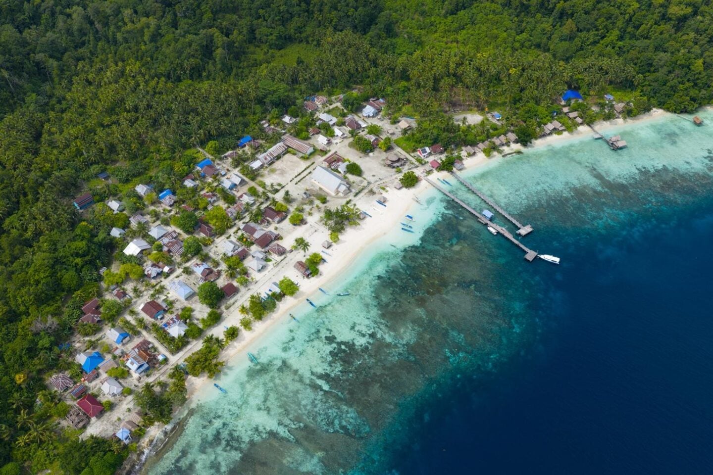 Coastal view of Sawandarek Village on Mansuar Island, Raja Ampat.