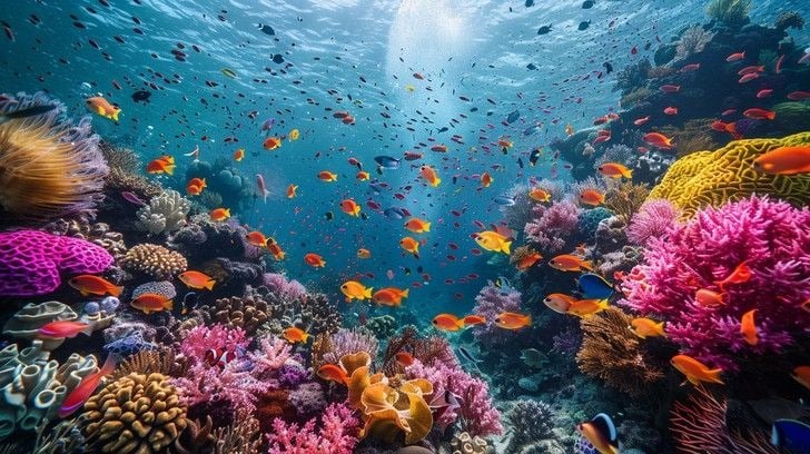 Colourful coral reef with tropical fish at Sawandarek snorkelling site in Raja Ampat.