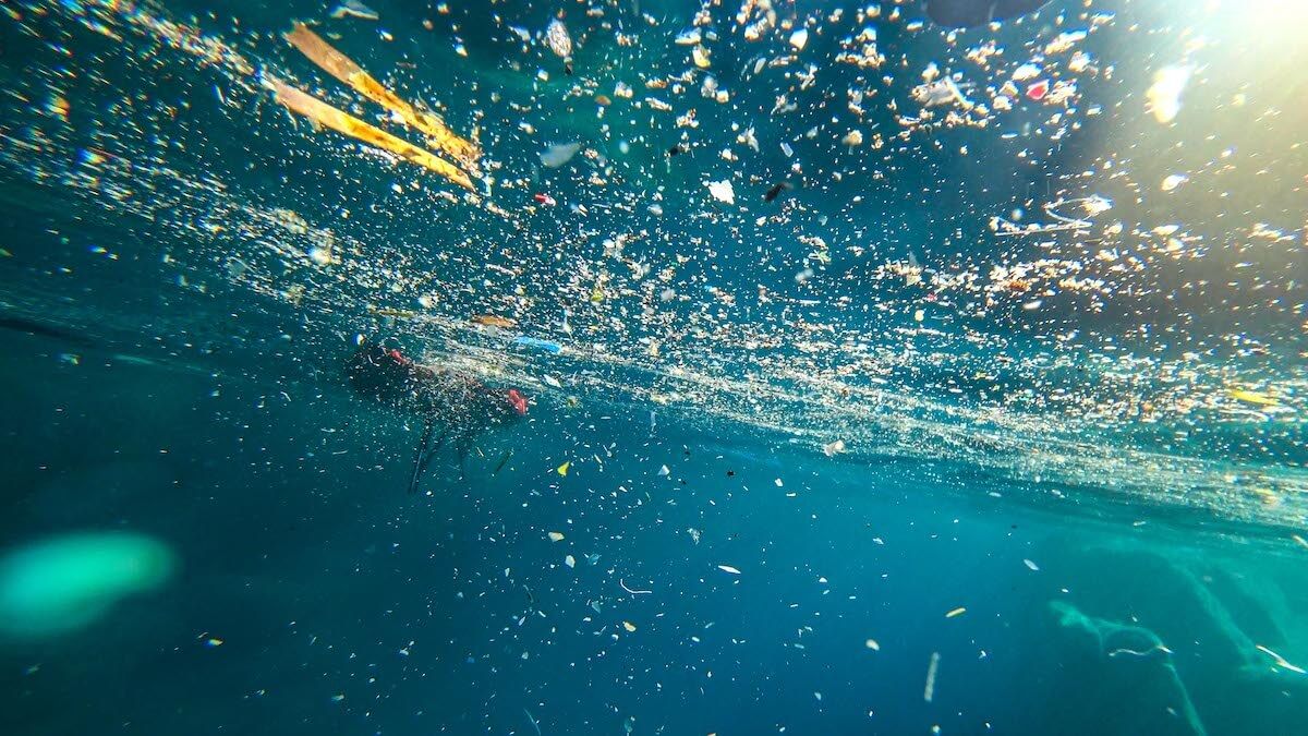 Microplastics scattered throughout seawater, illustrating the spread of tiny plastic particles across the marine environment and their potential entry into the ocean food chain.